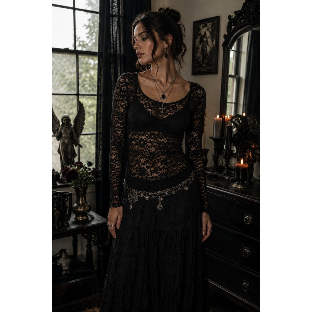 Rue21 Black Floral Lace Long Sleeve Top XL Whimsigoth Y2K Witchy Sheer Blouse